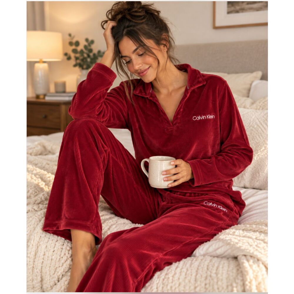 Calvin Klein Burgundy Ribbed Velour Feel Pajama Set Small Y2K Loungewear